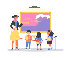 Children in art museum or gallery with guide, flat vector illustration isolated.