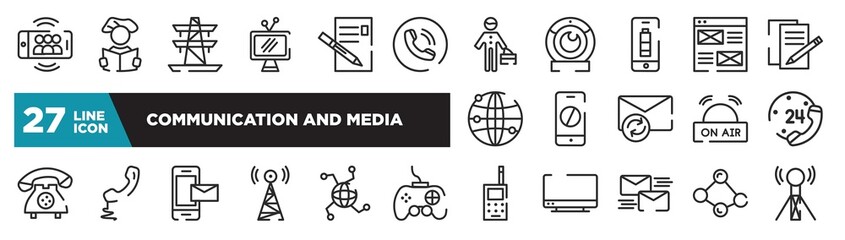 set of communication and media icons in outline style. thin line web icons such as smartphone group chat, phone contact, telephone battery half charged, smartphone blocked, telephone auricular with