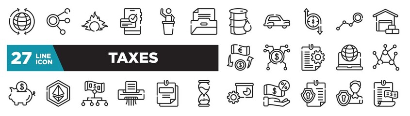 set of taxes icons in outline style. thin line web icons such as worldwide, files and folders, transfering, spreading, , taxes, personal security editable vector.