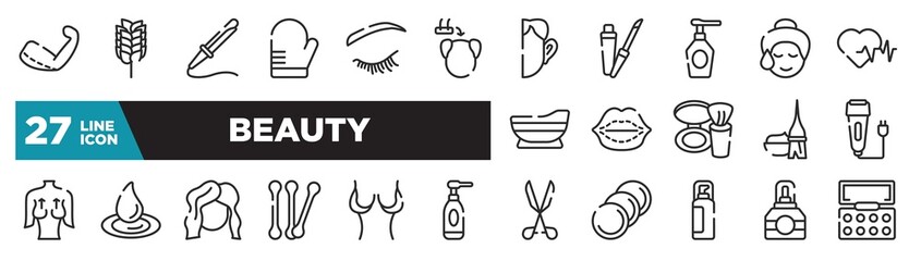 set of beauty icons in outline style. thin line web icons such as brachioplasty, hair transplant, spray bottle, lip augmentation, waterdrop, breast reduction, cologne editable vector.