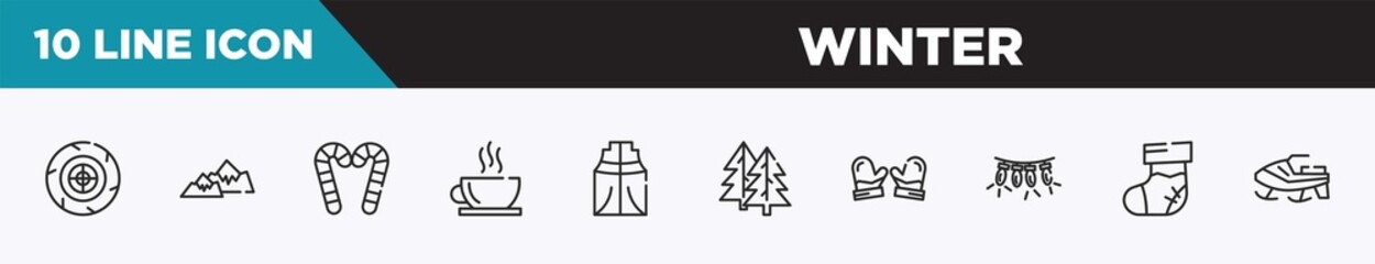 set of 10 outline winter icons. editable thin line icons such as winter tire, snowy mountain, candy cane, hot tea, anorak vest, fir, mittens vector illustration.