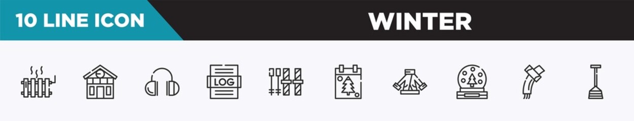 set of 10 outline winter icons. editable thin line icons such as heater, chalet, earmuffs, logs, ski equiptment, christmas day, fur coat vector illustration.