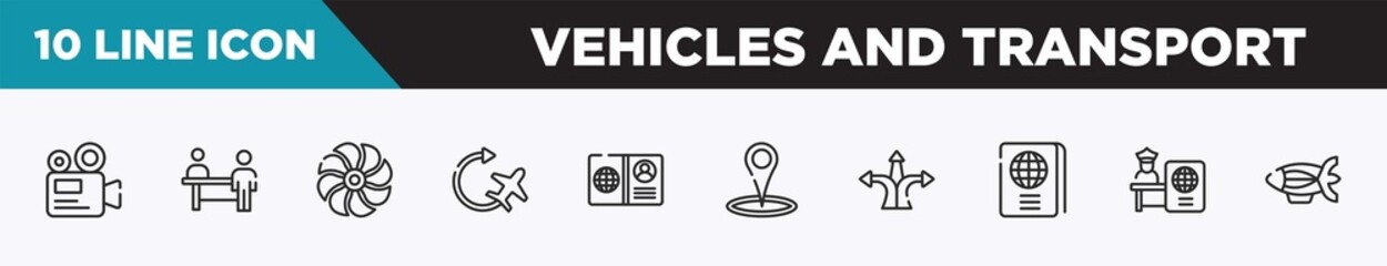 set of 10 outline vehicles and transport icons. editable thin line icons such as camera recorder, persons in an airport, ventilation, airplane, open passport, place point, directions arrows vector