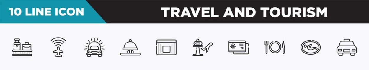 set of 10 outline travel and tourism icons. editable thin line icons such as null, airport flight info, car in front of the sun, hotel bell ringing, sick bag, airport, beach postcard vector