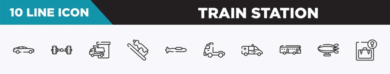 set of 10 outline train station icons. editable thin line icons such as car side view, axle, loading/unloading area, hydration, submarine side view, pickup truck side view, ambulance vector