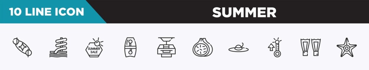 set of 10 outline summer icons. editable thin line icons such as solstice, aqua park, summer sale, bodyboard, funicular, fig, summer hat vector illustration.