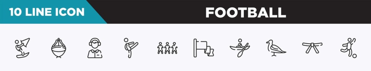set of 10 outline football icons. editable thin line icons such as kitesurf, asian hat, sport commentor, master, football team, red flag, kayaking vector illustration.