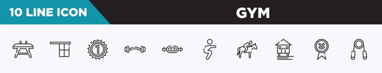 set of 10 outline gym icons. editable thin line icons such as vaulting horse, offside, number one, ez bar, swiss bar, squats, horse riding vector illustration. © VectorStockDesign
