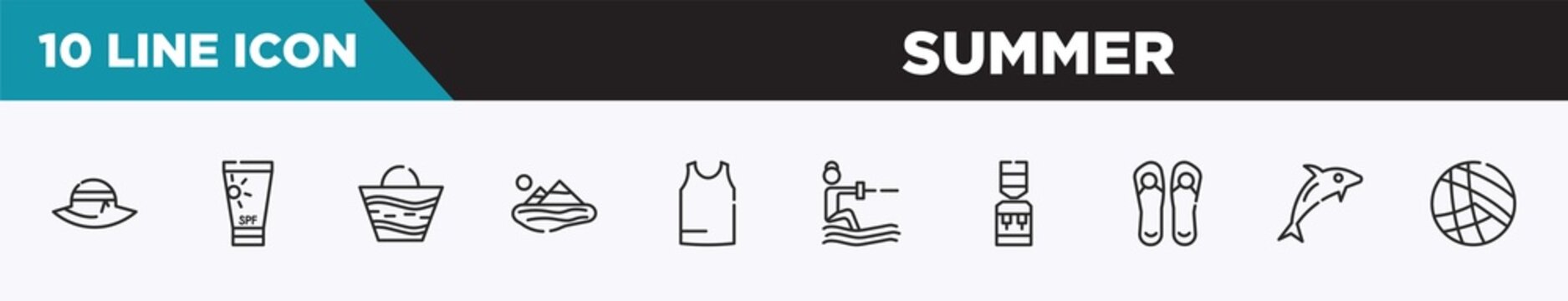 set of 10 outline summer icons. editable thin line icons such as pamela hat, sunscreen, beach bag, lake, sleeveless, waterski, dispenser vector illustration.