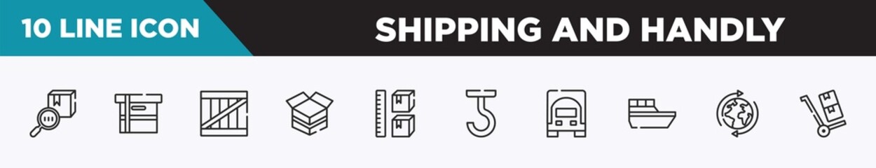 set of 10 outline shipping and handly icons. editable thin line icons such as trackcode, small cardboard box, wooden box, open cardboard box, storage capacity, use hooks, frontal truck vector