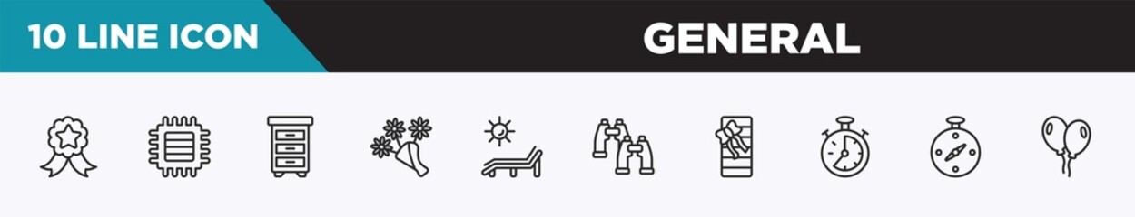 set of 10 outline general icons. editable thin line icons such as winning, patch crop, office cabinet, daisy bouquet, deck chair under the sun, pair of binoculars, birthday present vector