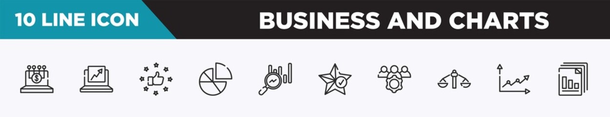 set of 10 outline business and charts icons. editable thin line icons such as digital finance, trending, satisfied, diagrams, search stats, favorites, team management vector illustration.