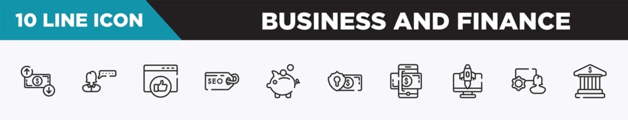 set of 10 outline business and finance icons. editable thin line icons such as dollar rates, user review, favorite web, seo tags, pig bank, currency security, money on smartphone vector