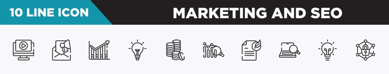 set of 10 outline marketing and seo icons. editable thin line icons such as play video, marketing email, profit chart, lightbulb black tool shape, three dollar coins stacks, analythic, fresh content