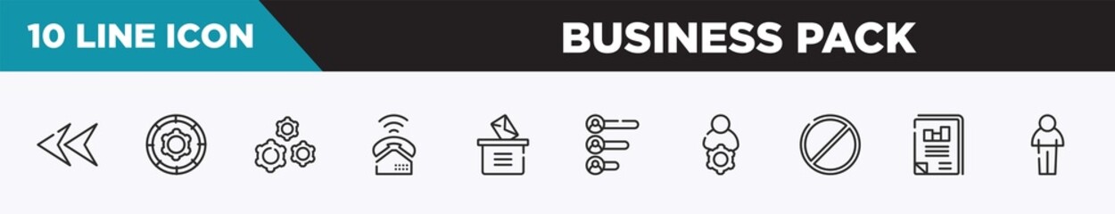 set of 10 outline business pack icons. editable thin line icons such as left arrow head, function, wheel with cogs, ringing, manual voting, voting results, administrator vector illustration.