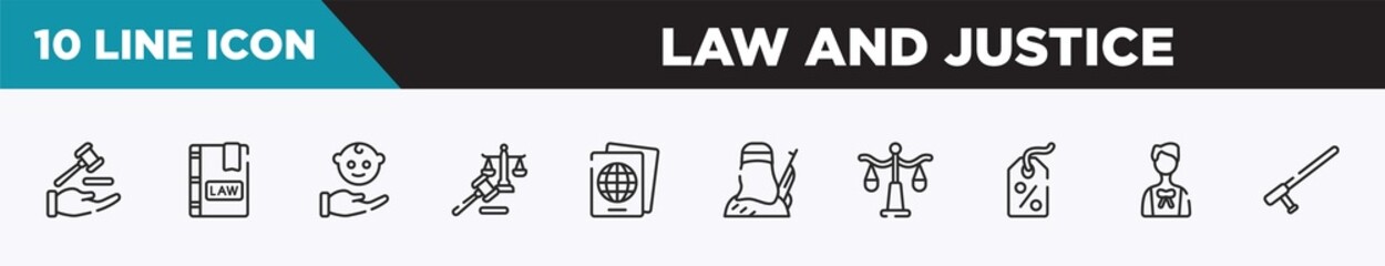 set of 10 outline law and justice icons. editable thin line icons such as qualified protection, law book, child custody, law and justice, immigration, , justice scale vector illustration.