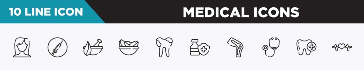 set of 10 outline medical icons icons. editable thin line icons such as brunette female woman long hair, drug abuse, natural herbs and a mortar for healing, vegetarian diet, dental caries, immunity