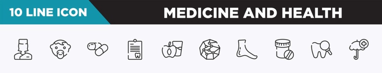 set of 10 outline medicine and health icons. editable thin line icons such as medical doctor specialist, baby face, medicine capsule, note on a clipboard, diet for health, spheres connected by