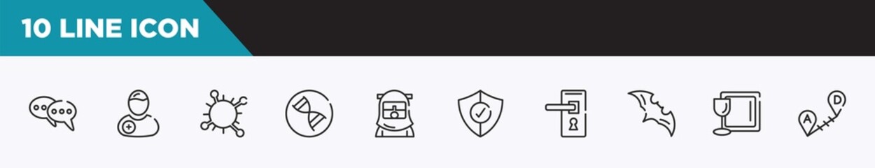 set of 10 outline icons. editable thin line icons such as consult, patient, coronavirus, dna, safety suit, protection, doorknob vector illustration.