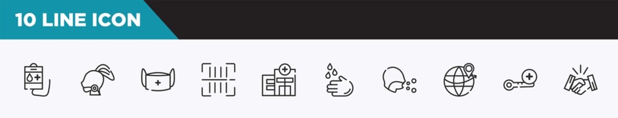 set of 10 outline icons. editable thin line icons such as blood bag, sore throat, medical mask, scan, clinic, washing hand, cough vector illustration.