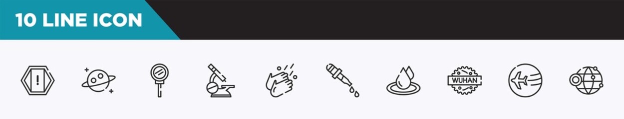 Fototapeta premium set of 10 outline icons. editable thin line icons such as attention, planet, loupe, microscope, washing hands, dropper, waterdrop vector illustration.