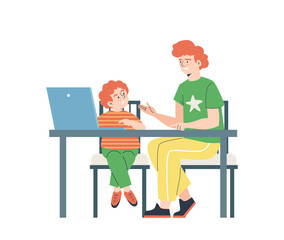 Father teaching his child at home, flat cartoon vector illustration isolated.