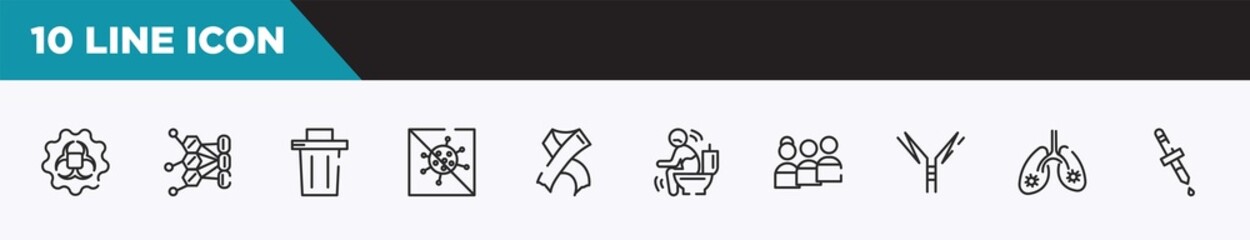 set of 10 outline icons. editable thin line icons such as contagious, allergy, garbage, antiviral, hiv, diarrhea, people vector illustration.