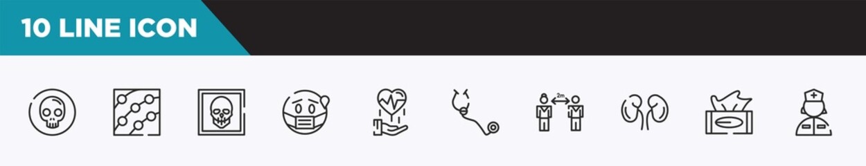 set of 10 outline icons. editable thin line icons such as death, dermatitis, skull, sick, disease prevention, stethoscope, keep distance vector illustration.