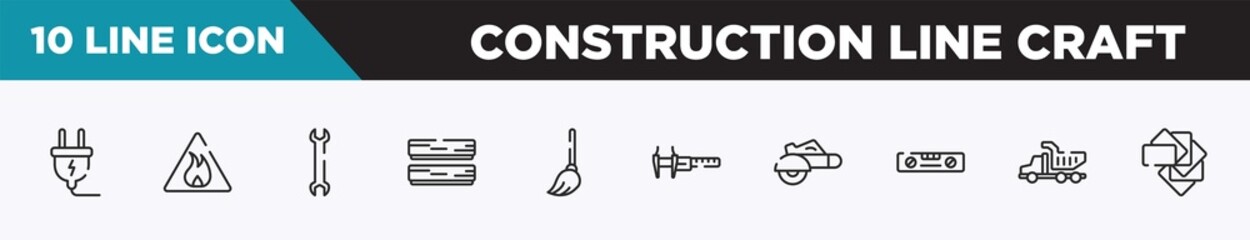 set of 10 outline construction line craft icons. editable thin line icons such as electrical plug, inflamable, big double wrench, boards, mop, calipers, electric saw vector illustration.