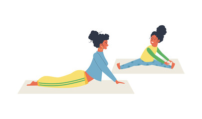 Mother teaches child yoga exercises, flat cartoon vector illustration isolated.