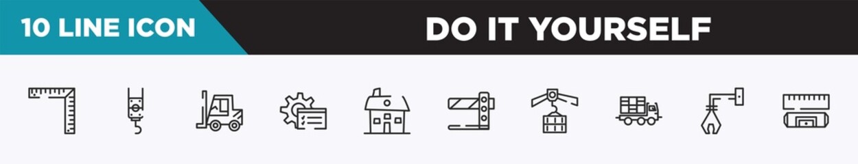 set of 10 outline do it yourself icons. editable thin line icons such as angle ruler, pulley hook, forklift tool, tools window, house hand drawn building, road barrier, derrick with load vector