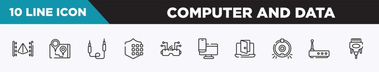 set of 10 outline computer and data icons. editable thin line icons such as 3d scanner, navigator, jack, passkey, vr goggles, responsive website, backdoor vector illustration.