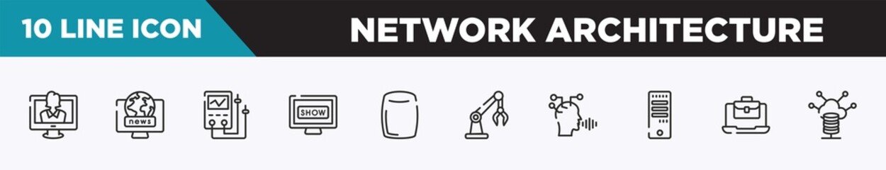 set of 10 outline network architecture icons. editable thin line icons such as talk show, world news, diagtic tool, tv show, homepod, robotic arm, voice recognition vector illustration.