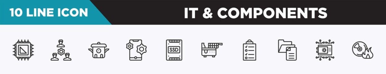 set of 10 outline it & components icons. editable thin line icons such as processor, work team, cooker, feature, ssd, electric fryer, data list vector illustration.