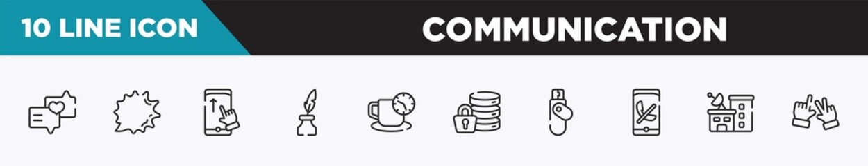 set of 10 outline communication icons. editable thin line icons such as love message, shout, swipe up, inkwell, coffee break, encrypt, flash disk vector illustration.