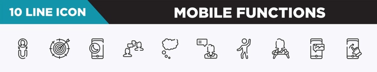 Obraz premium set of 10 outline mobile functions icons. editable thin line icons such as attraction, taget, half moon, job interview, thought bubble, testimonial, enjoy vector illustration.