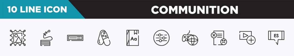 set of 10 outline communition icons. editable thin line icons such as post stamp, hose, hdmi, tablets, dictionary, sound ting, online game vector illustration.