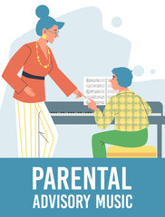 Parental advisory for music lessons at home banner, flat vector illustration.