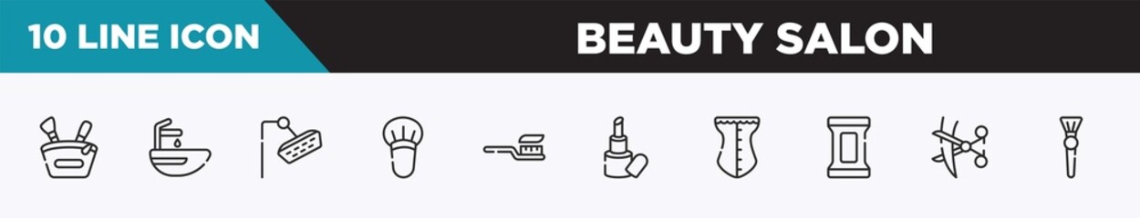 set of 10 outline beauty salon icons. editable thin line icons such as little makeup box, hair washer sink, shower head, blush brush, tooth brush, inclined lipstick, cor vector illustration.