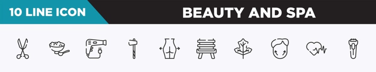 set of 10 outline beauty and spa icons. editable thin line icons such as medical tools, salt, dryer, ax, gluteus, wooden chair, oak vector illustration.