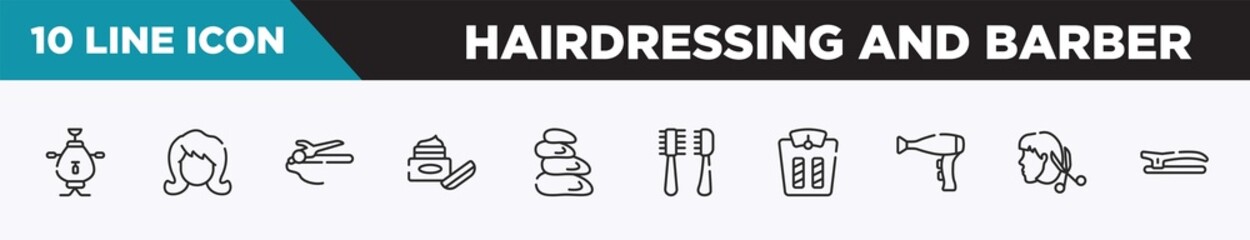 set of 10 outline hairdressing and barber icons. editable thin line icons such as samovar, woman hair, hair straighter and hair curler, skincare, hot stones, pets salon tools kit, weighing vector