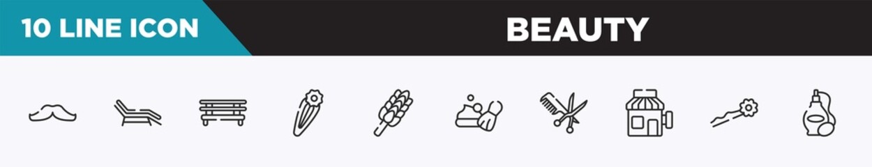 set of 10 outline beauty icons. editable thin line icons such as mustache, sunbed, spa bed, null, whisk, shaving foam, hairdresser with comb and scissors vector illustration.