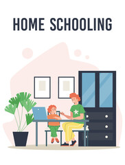 Homeschooling banner with father and child studying, flat vector illustration.