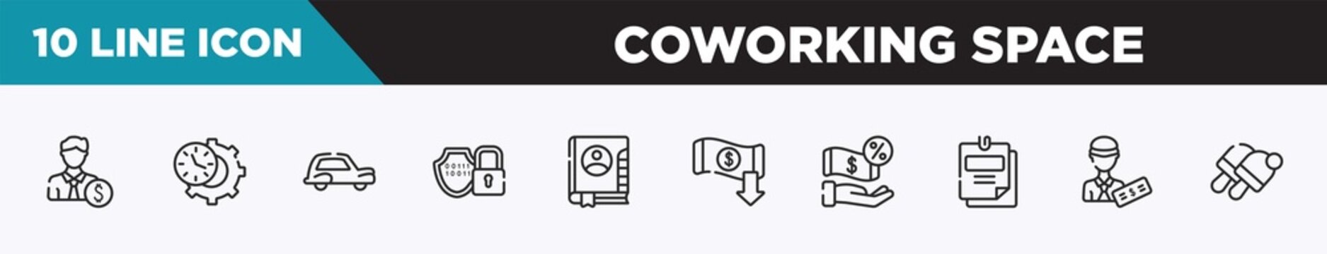 set of 10 outline coworking space icons. editable thin line icons such as banker, time management, old car, encryption, address book, reduction, commission vector illustration.