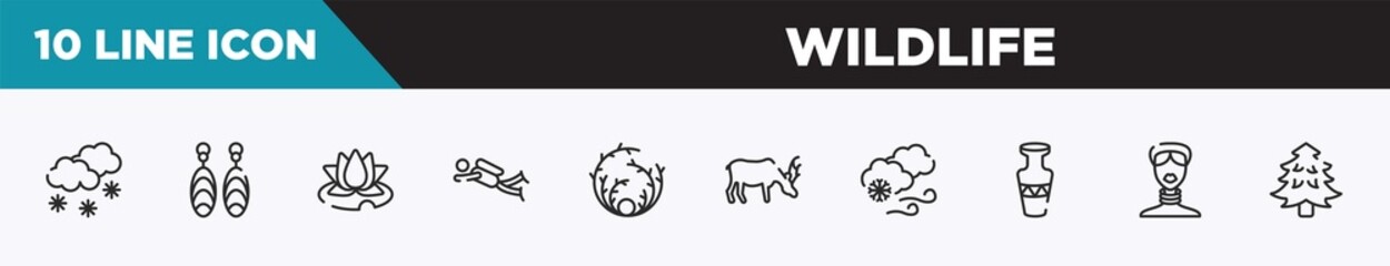 set of 10 outline wildlife icons. editable thin line icons such as snowy, earrings, water lily, diving, tumbleweed, moose, blizzard vector illustration.