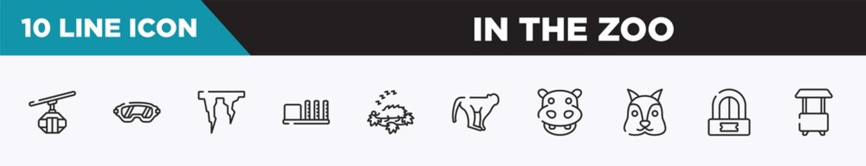 set of 10 outline in the zoo icons. editable thin line icons such as cable car cabin, safety glasses, icicle, apartheid museum, hibernation, monkeys, hippopotamus vector illustration.