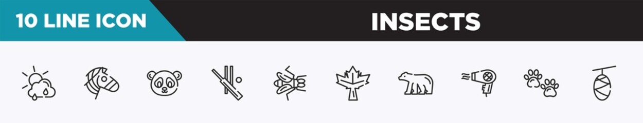 set of 10 outline insects icons. editable thin line icons such as clouds and sun, zebra, panda bear, cricket, gadfly, maple leaf, polar bear vector illustration.