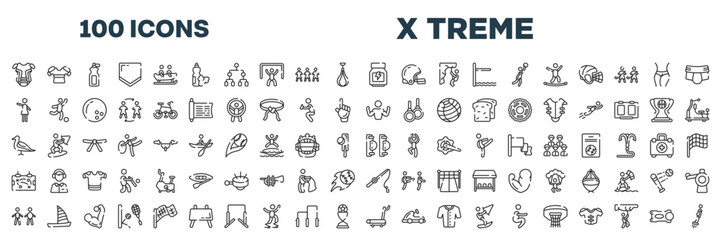 set of 100 outline x treme icons. editable thin line icons such as chest guard, whey protein, hostess, bodybuilder, seagulls, elbow pads, body mass index, treadmill hine stock vector.