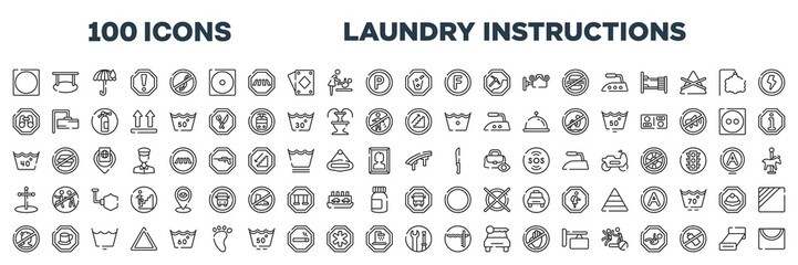 set of 100 outline laundry instructions icons. editable thin line icons such as circle inside square, throw to the bin, site seeing place, upstairs, 40 degree laundry, flyover bridge, sick people
