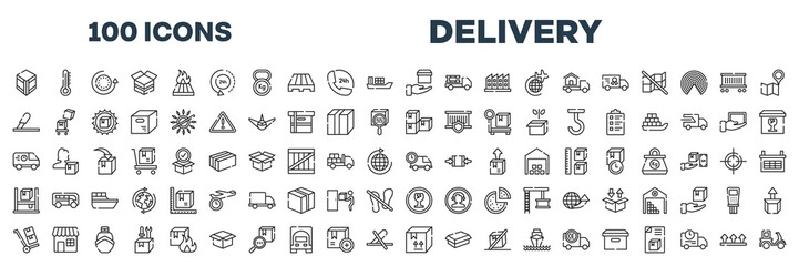 set of 100 outline delivery icons. editable thin line icons such as wooden crate, delivery in hand, use cutter, stack package, food logistics, logistics times, use hand truck, cardboard box with